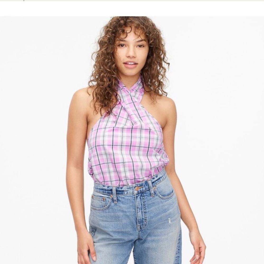Crew Purple Violet Plaid White Halter Top Cotton NWT Size Medium